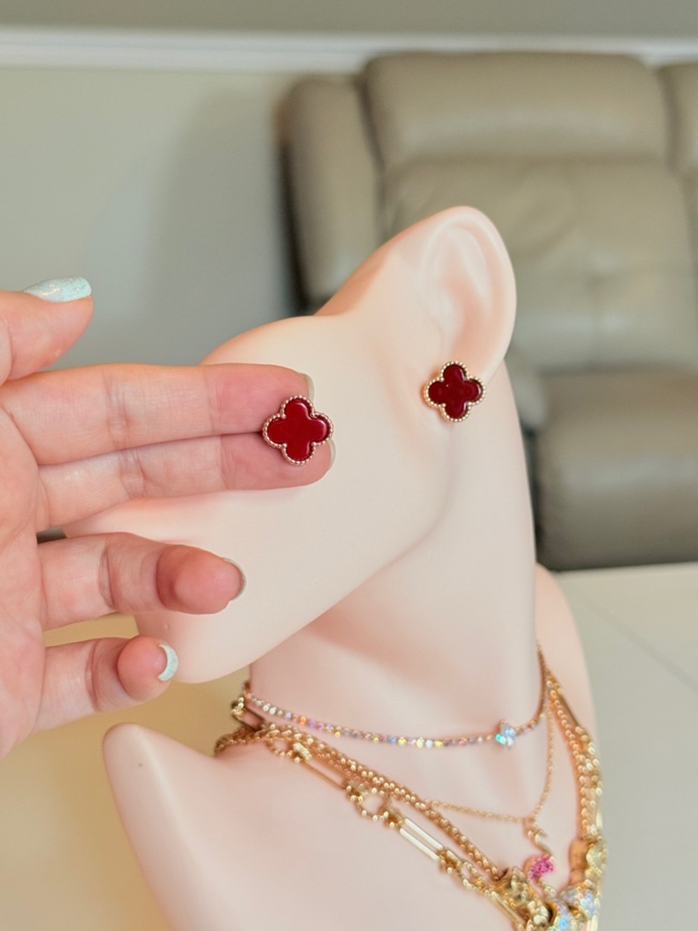 Gold Red Clover Stud Earrings - Picture 7 of 11